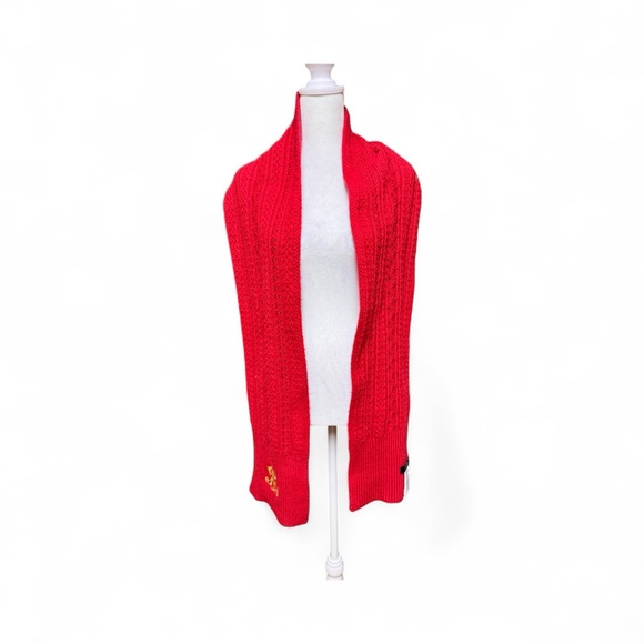 Lauren Ralph Lauren Red Cable Knit Scarf Logo Monogram RL Rhinestone Accent - Picture 2 of 5